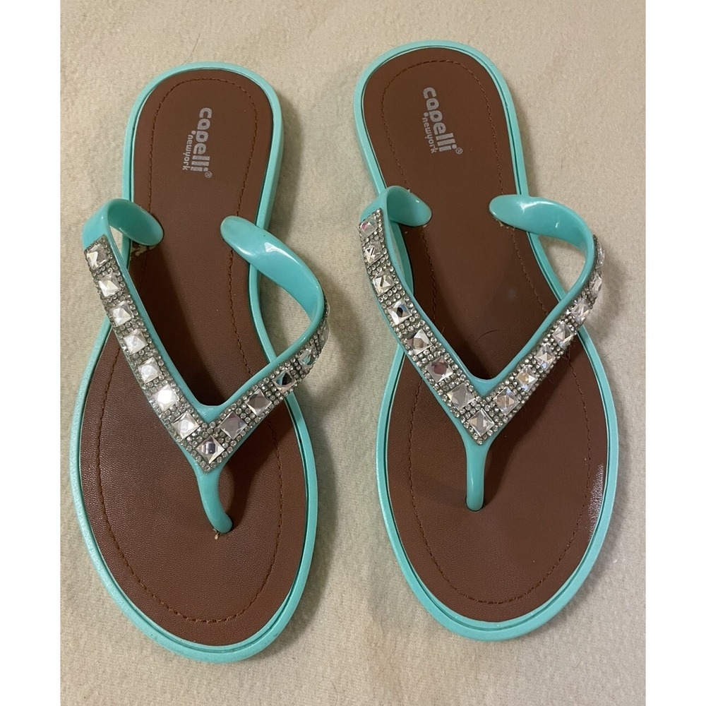 Capelli New York Flip Flops Women's Size 9 Jeweled Turquoise Slides Sandals